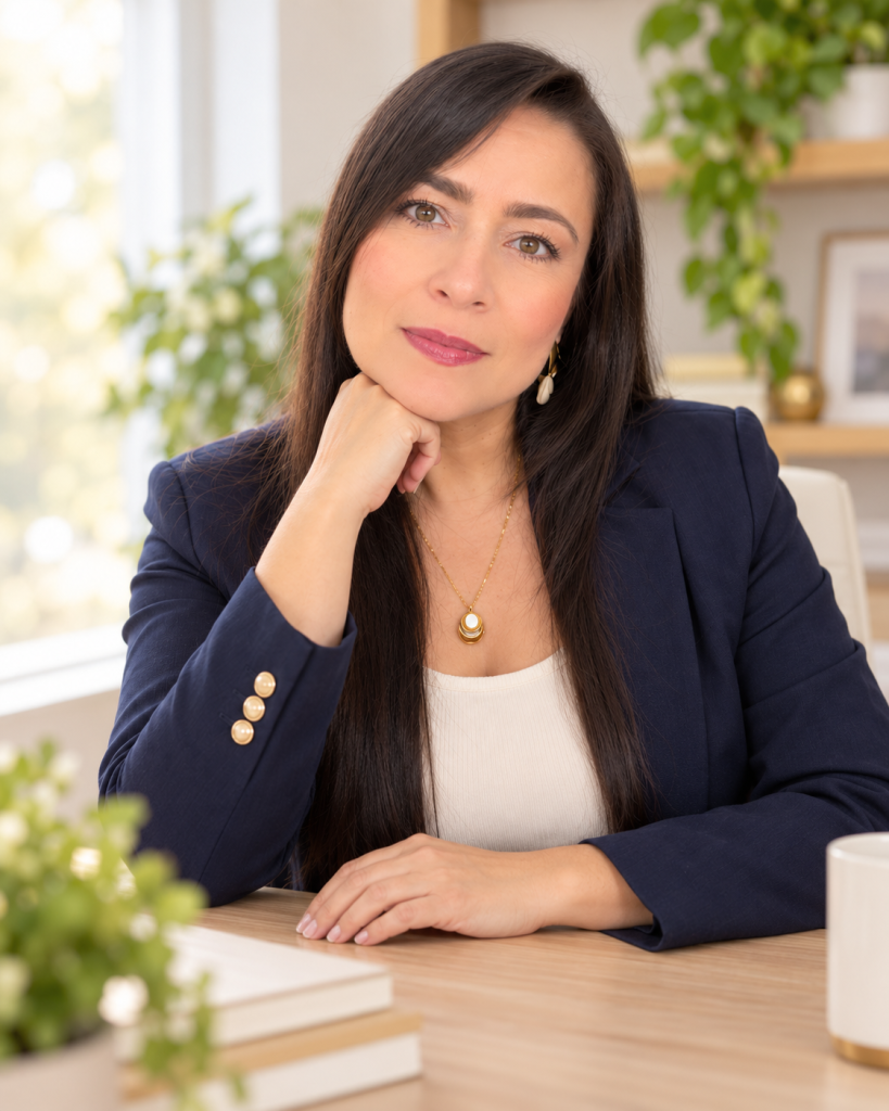 AI-generated portrait of Angelica Velandia seated at a desk in a warm office