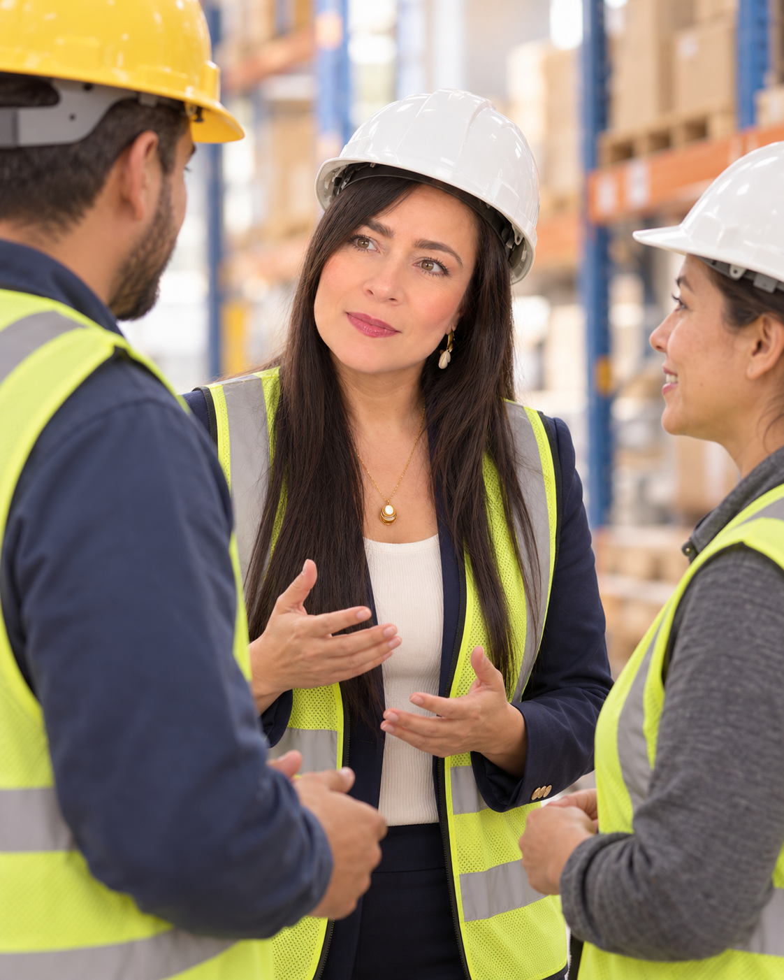 Illustration of Angelica talking with two warehouse workers in safety gear