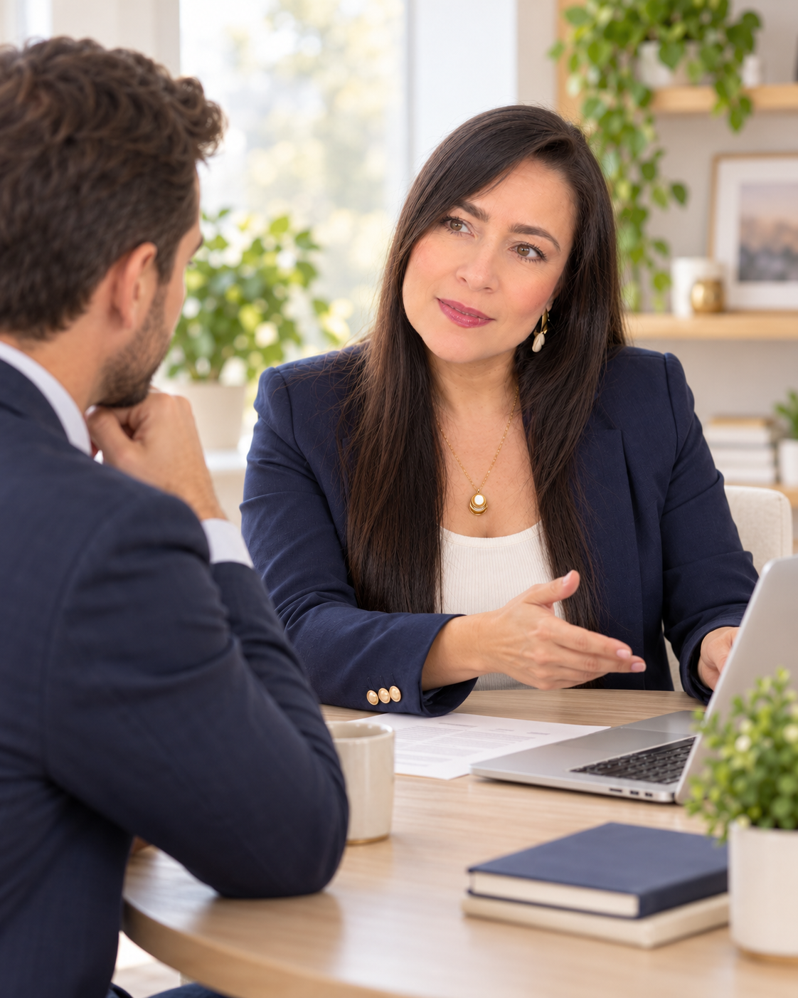 Angelica discussing hiring needs with an employer in an office
